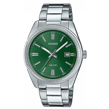 Ανδρικό ρολόι Casio MTP-1302PD-3AVEF με ασημί ατσάλινο μπρασελέ και πράσινο καντράν, 38.5mm, με ημερομηνία.